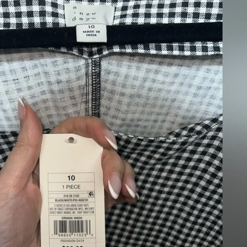 A New Day Black White Gingham Linen Blend Puff Sleeve Tiered Dress 10 NWT - Picture 8 of 9